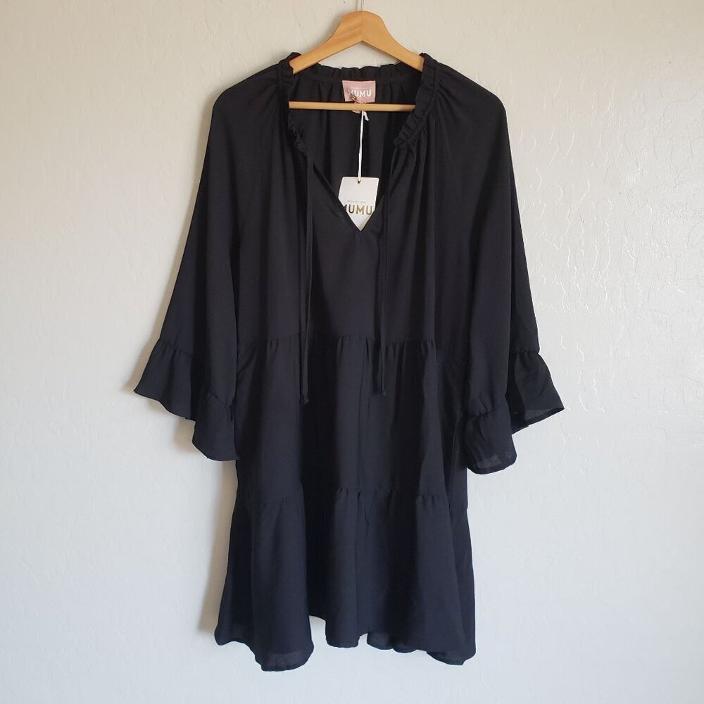 Show Me Your Mumu Viola Tiered Mini Dress Black Flounce Sleeve Women's Large NEW